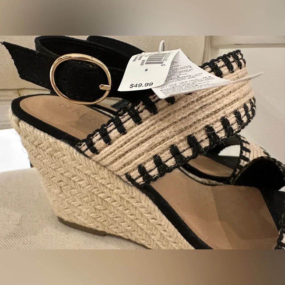 NWT Size 8 Stylish Black and Tan Wedge Raffia espadrille Sandals Shoes - Picture 6 of 11
